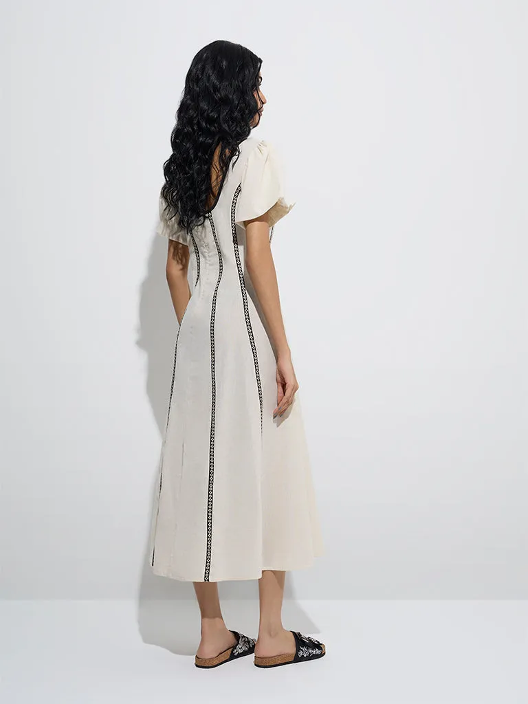 Bombay Paisley Off-White Striped Cotton-Blend A-Line Dress