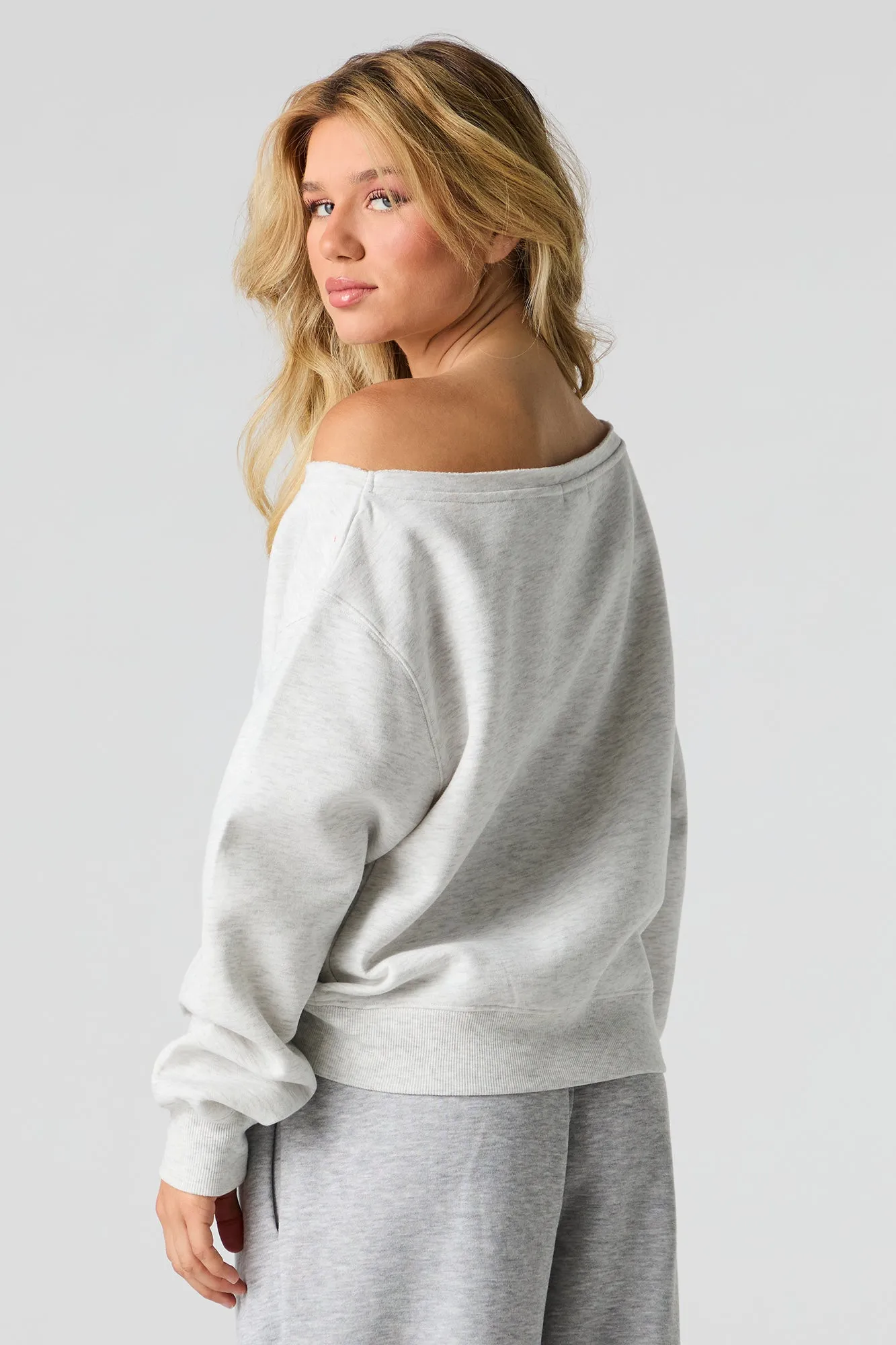 Embroidered Off Shoulder Fleece Sweatshirt