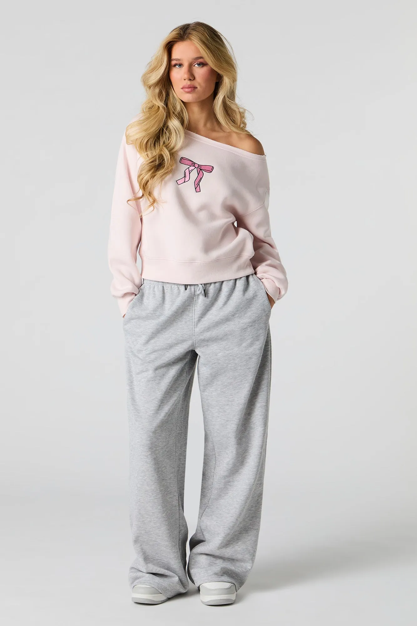 Embroidered Off Shoulder Fleece Sweatshirt