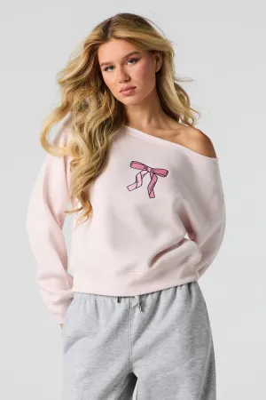 Embroidered Off Shoulder Fleece Sweatshirt