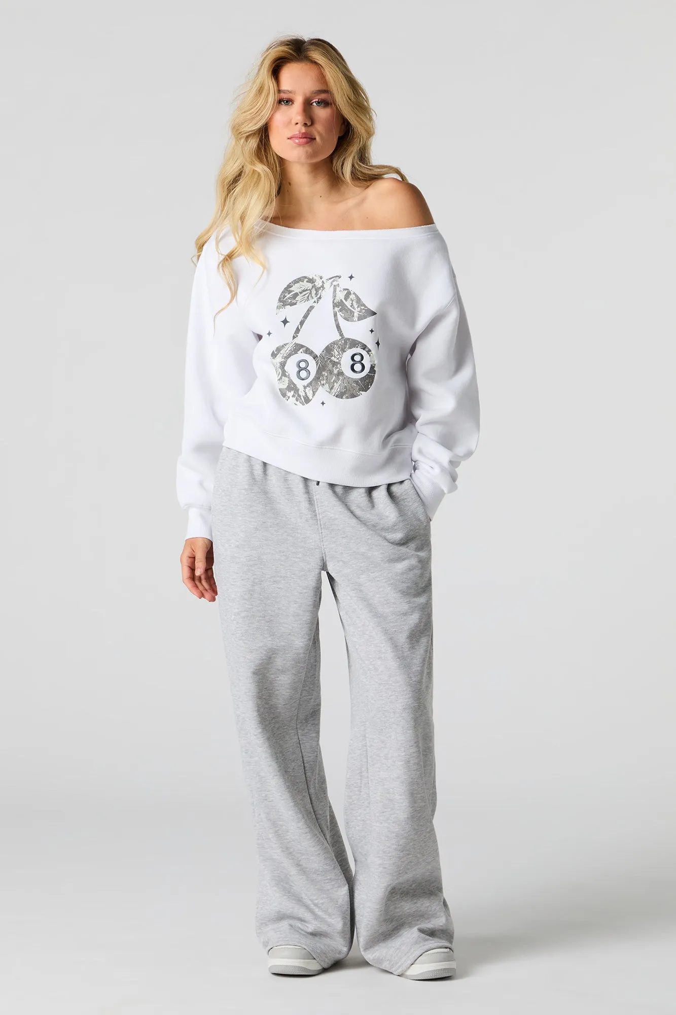 Embroidered Off Shoulder Fleece Sweatshirt