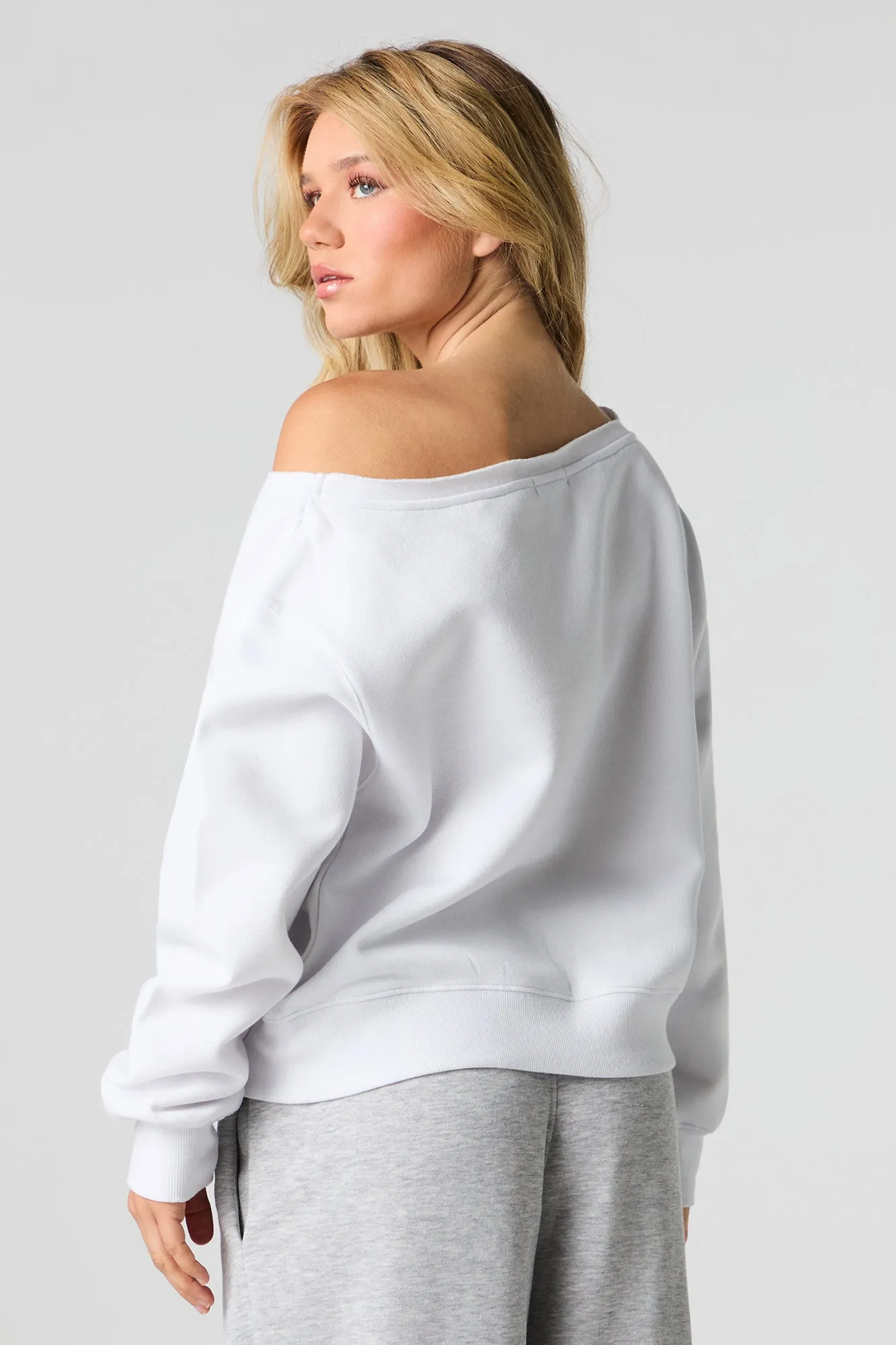 Embroidered Off Shoulder Fleece Sweatshirt