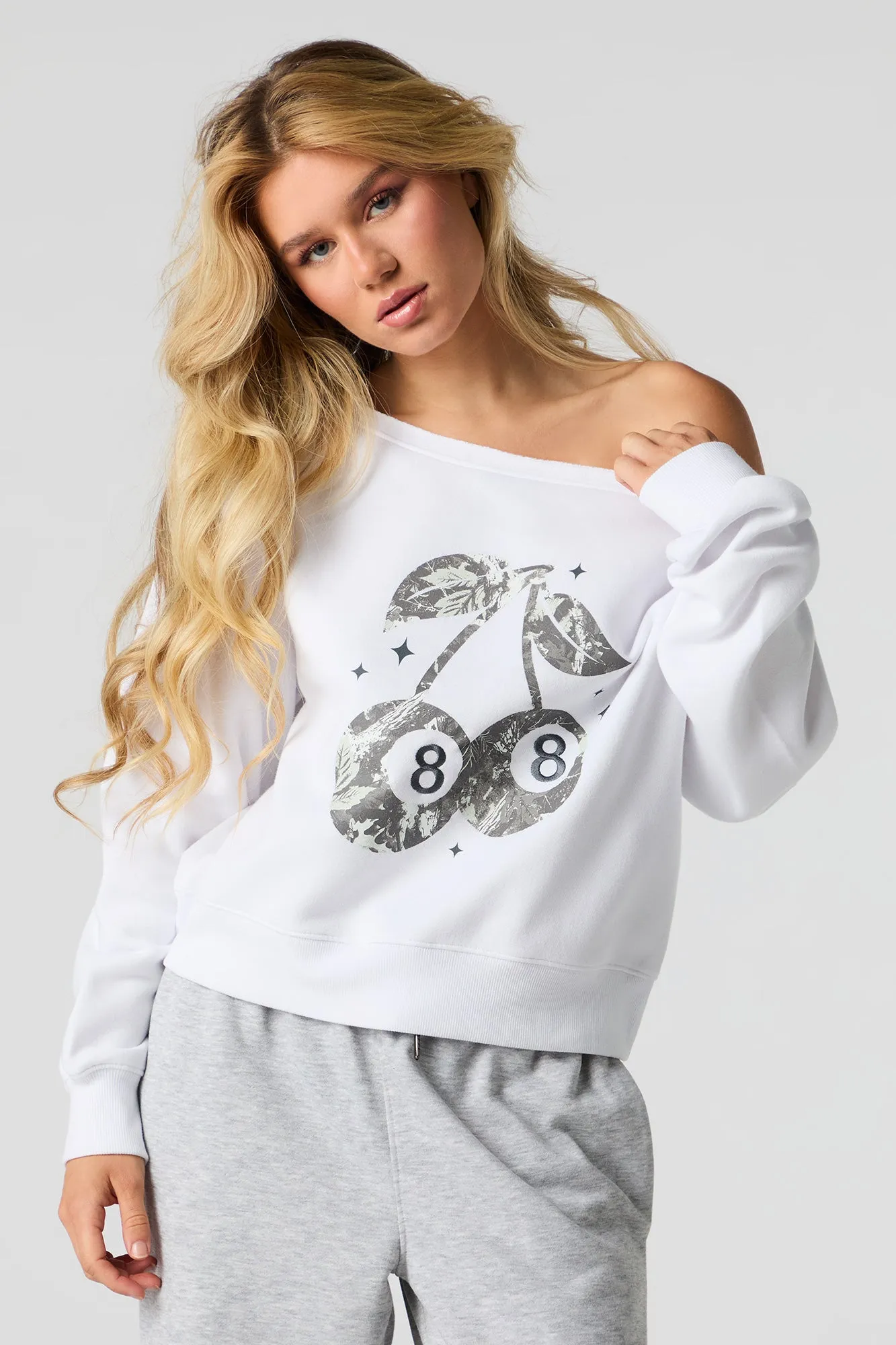 Embroidered Off Shoulder Fleece Sweatshirt