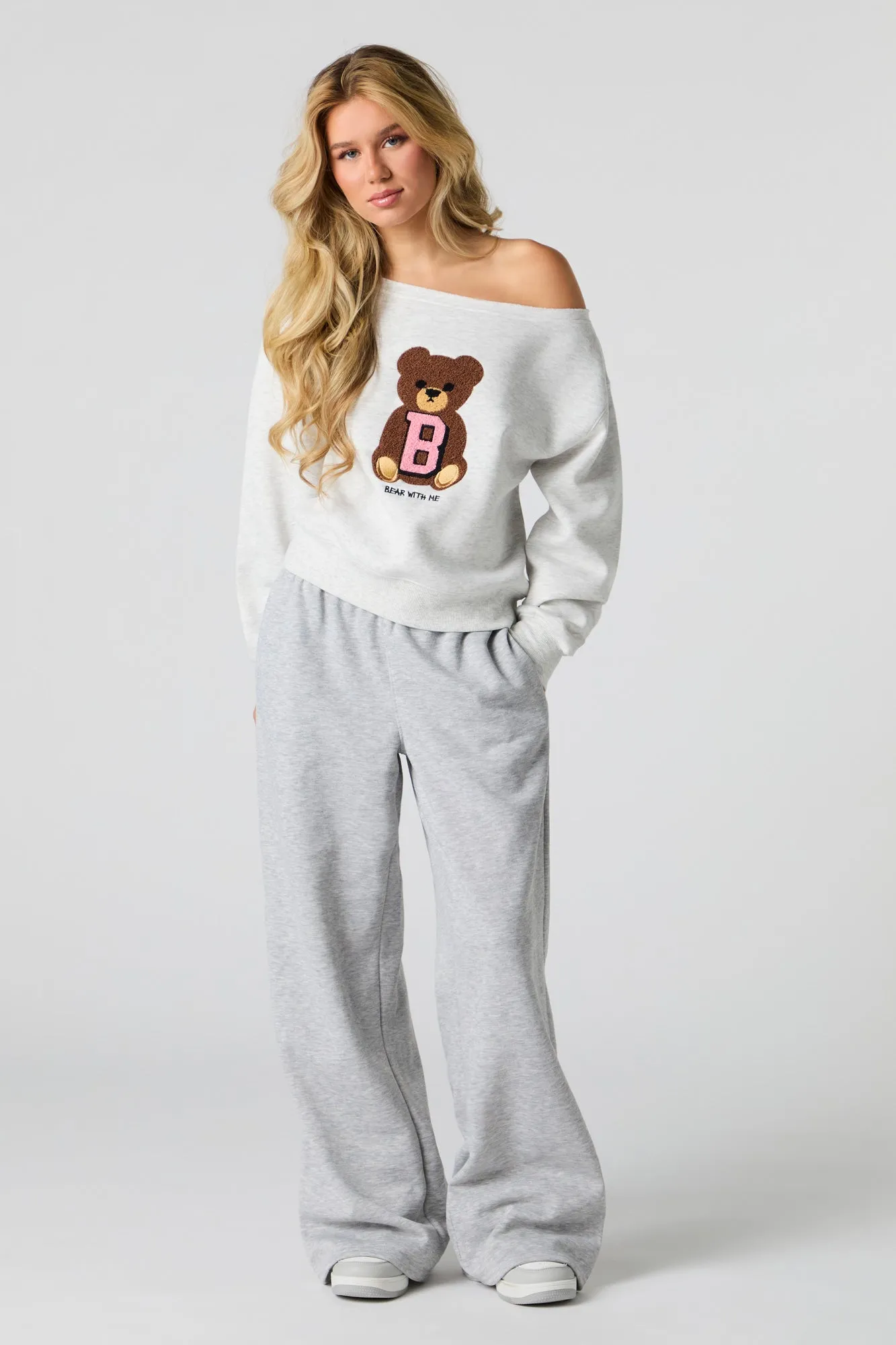 Embroidered Off Shoulder Fleece Sweatshirt
