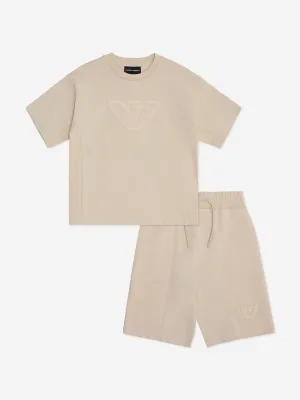 Emporio Armani Boys Logo Short Set in Beige