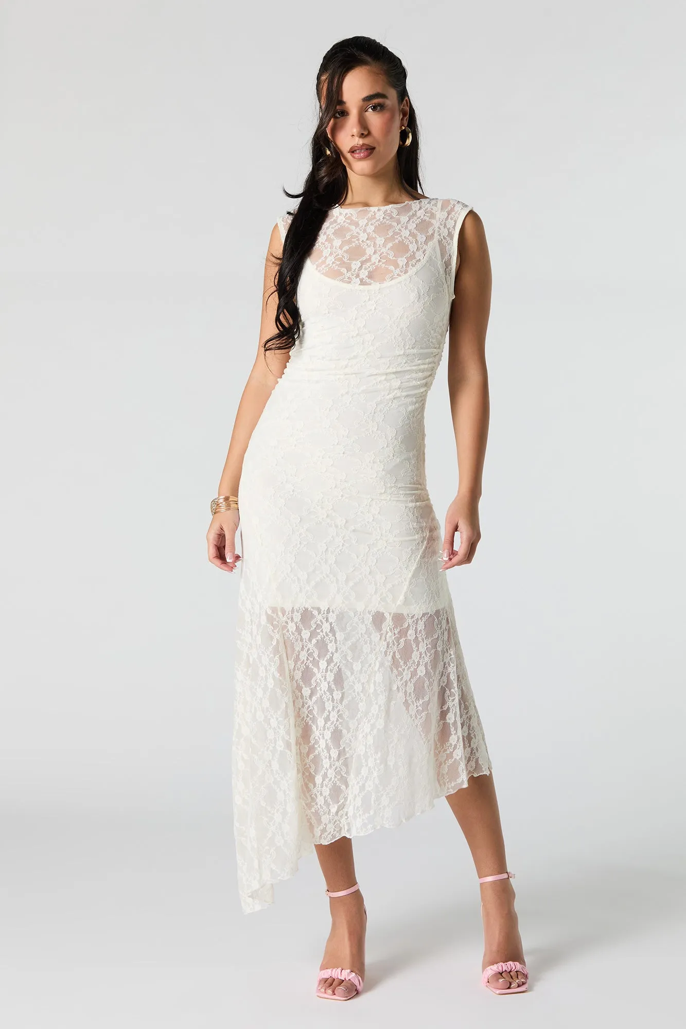 Floral Lace Off Shoulder Asymmetrical Maxi Dress