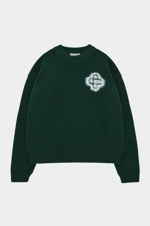 FLUFFY EMBLEM KNITTED CREW - FOREST GREEN