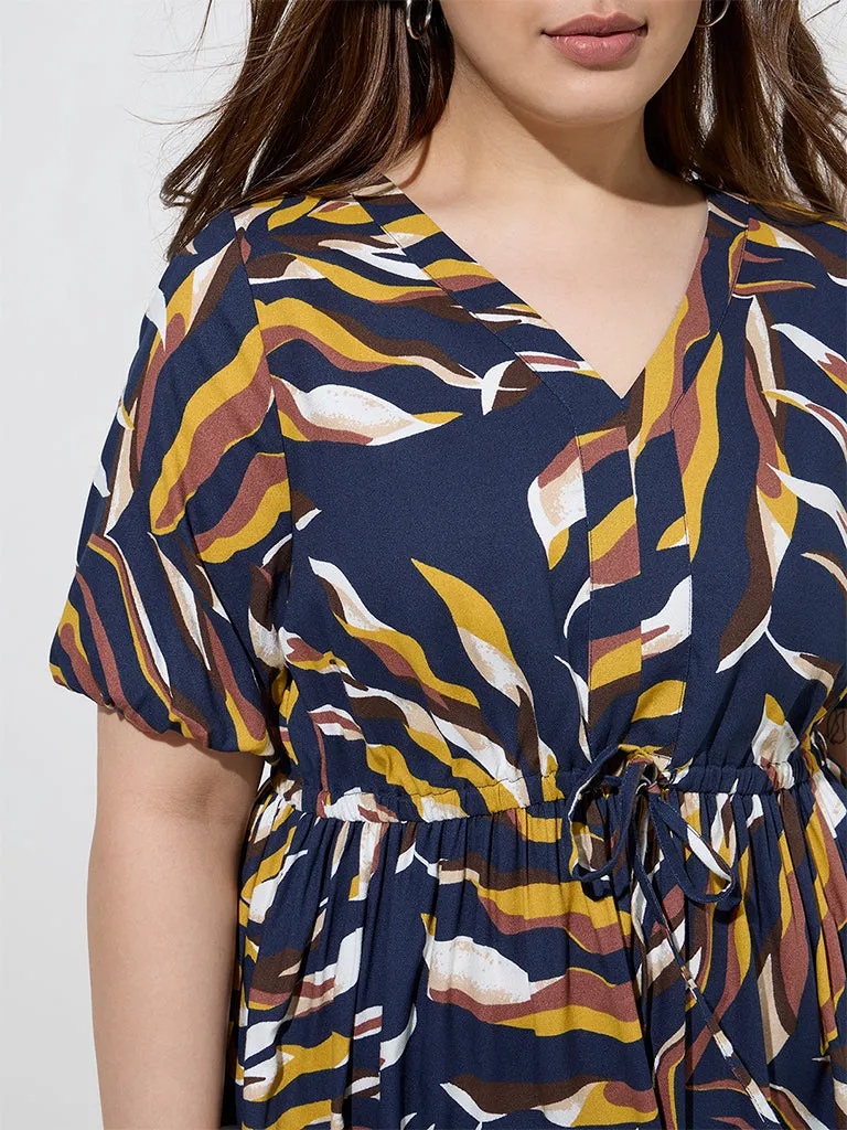 Gia Navy Leaf Printed A-Line Dress