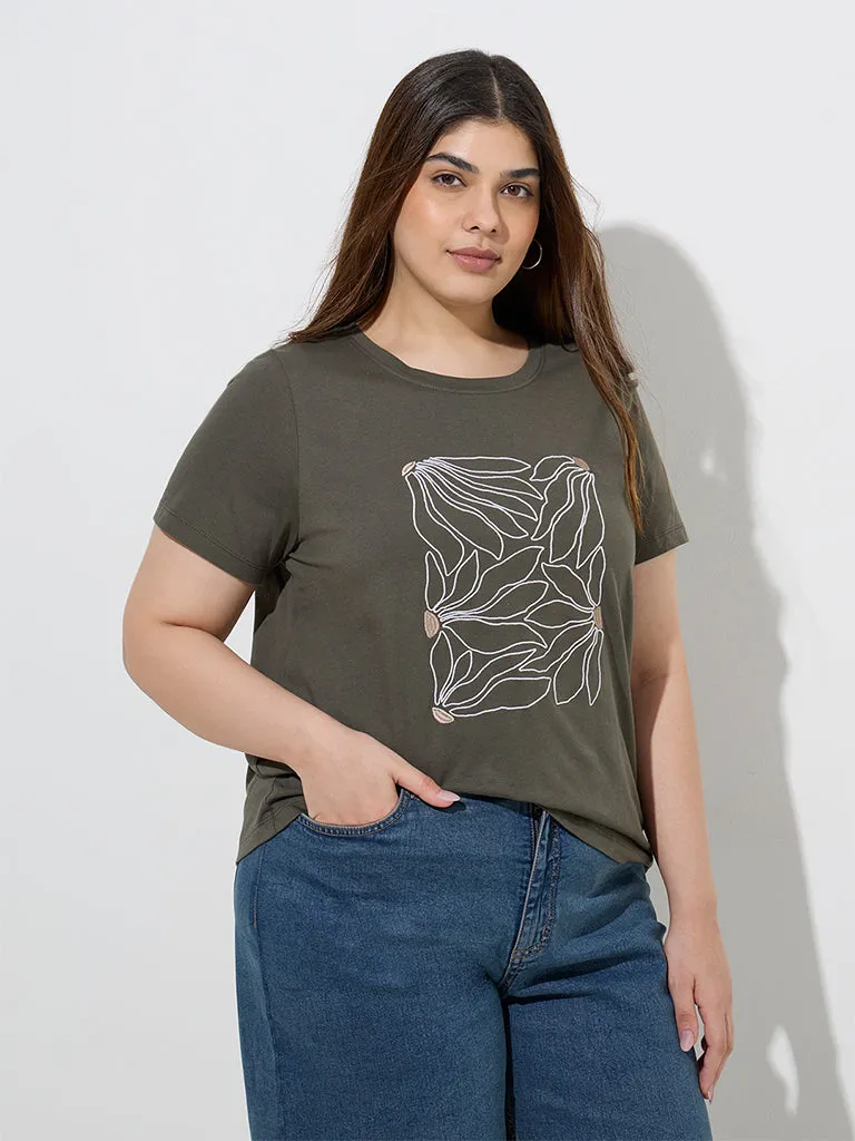 Gia Olive Floral Printed Cotton T-Shirt