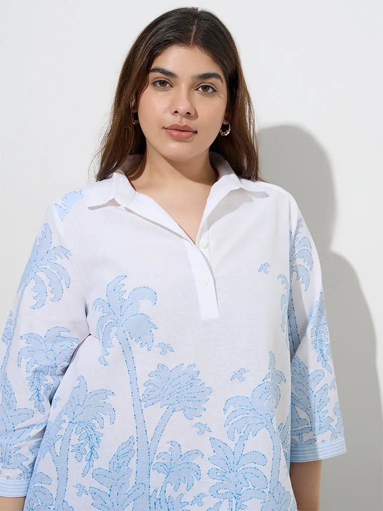 Gia White Tropical-Inspired Cotton-Blend Blouse