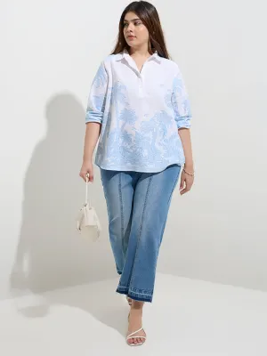 Gia White Tropical-Inspired Cotton-Blend Blouse