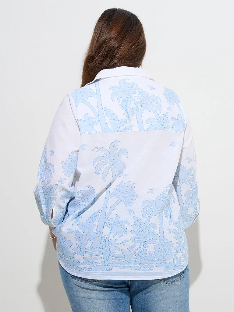 Gia White Tropical-Inspired Cotton-Blend Blouse