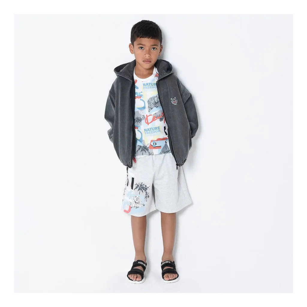 Gray Tiger & Logo Print Shorts