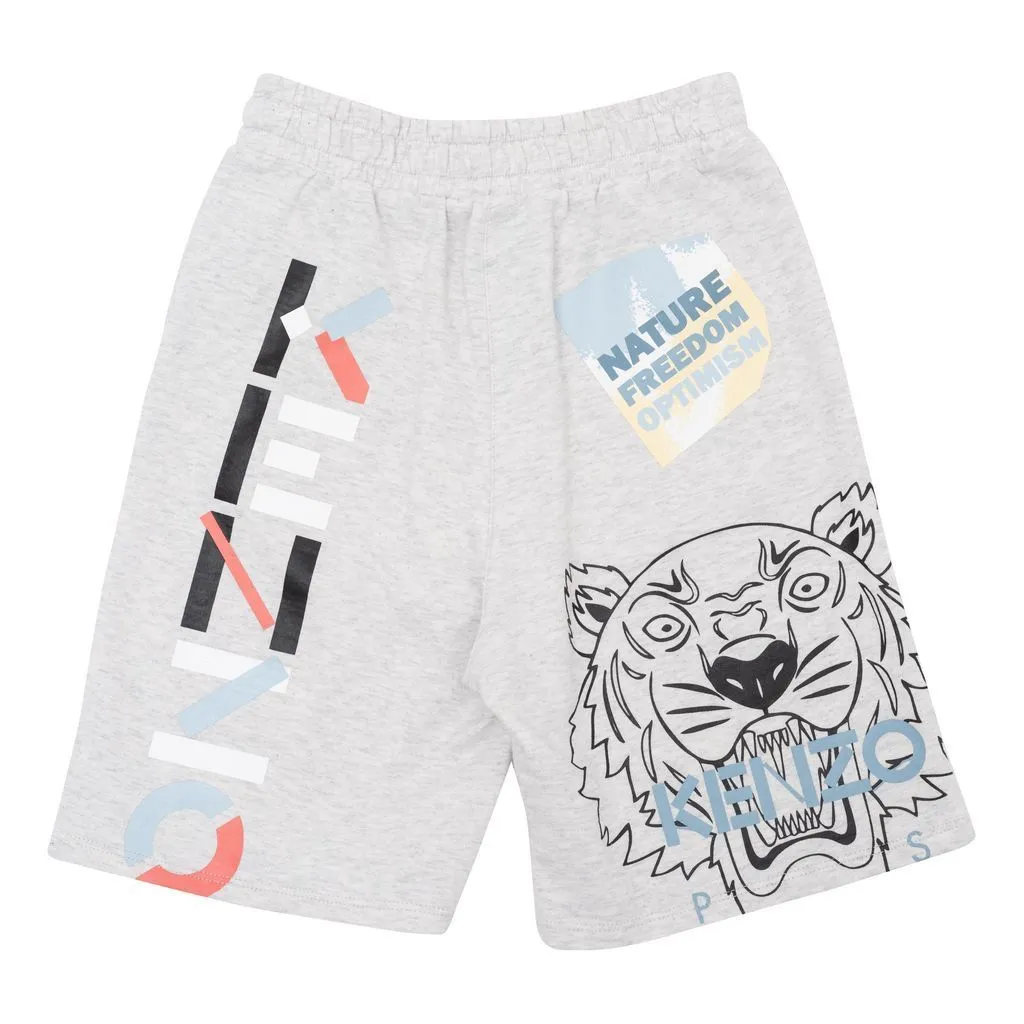 Gray Tiger & Logo Print Shorts
