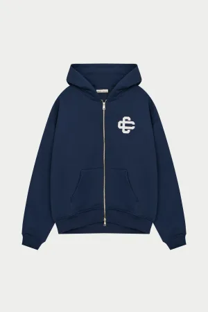 HEAVYWEIGHT EMBLEM APPLIQUE ZIP THROUGH HOODIE - NAVY