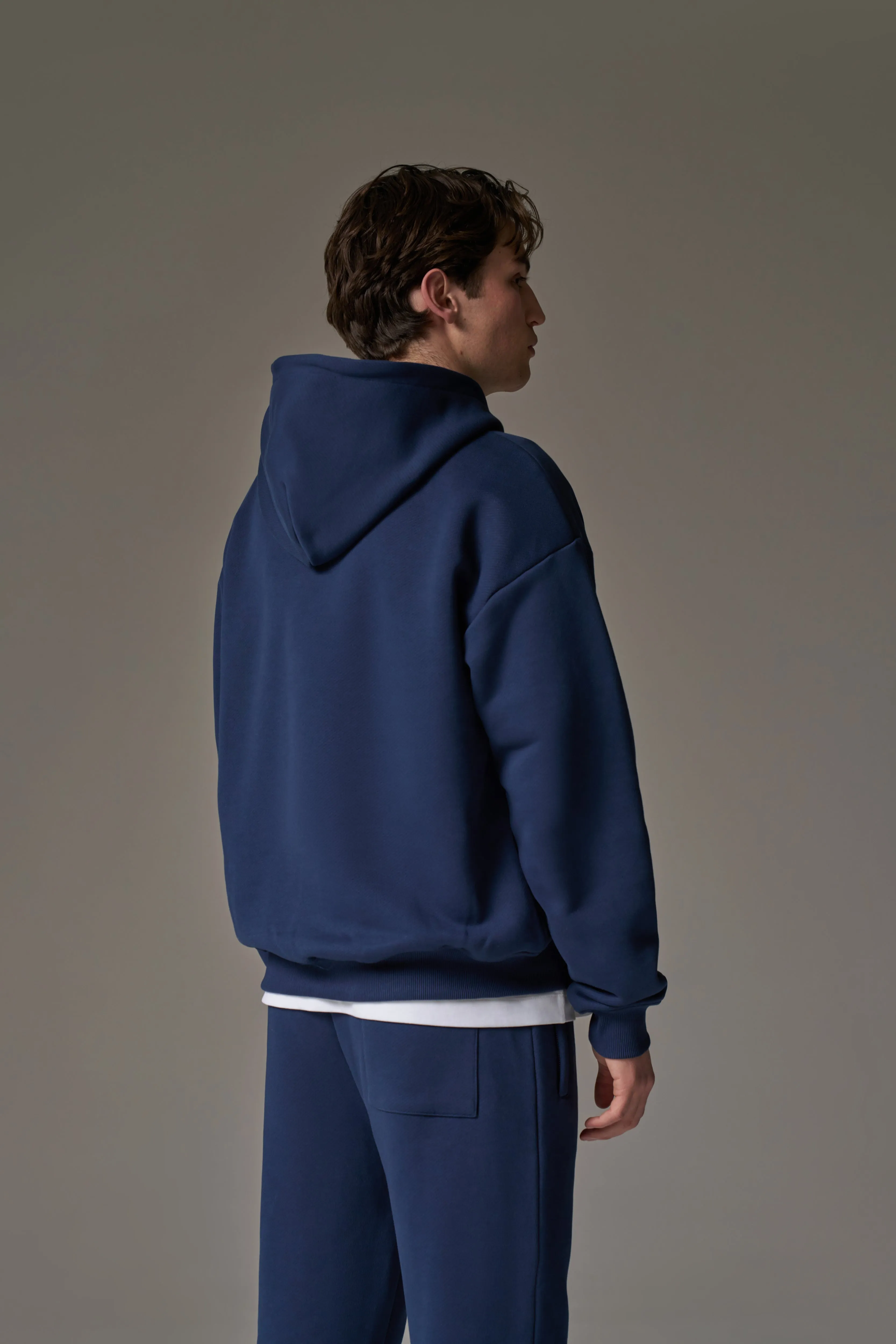 HEAVYWEIGHT EMBLEM APPLIQUE ZIP THROUGH HOODIE - NAVY