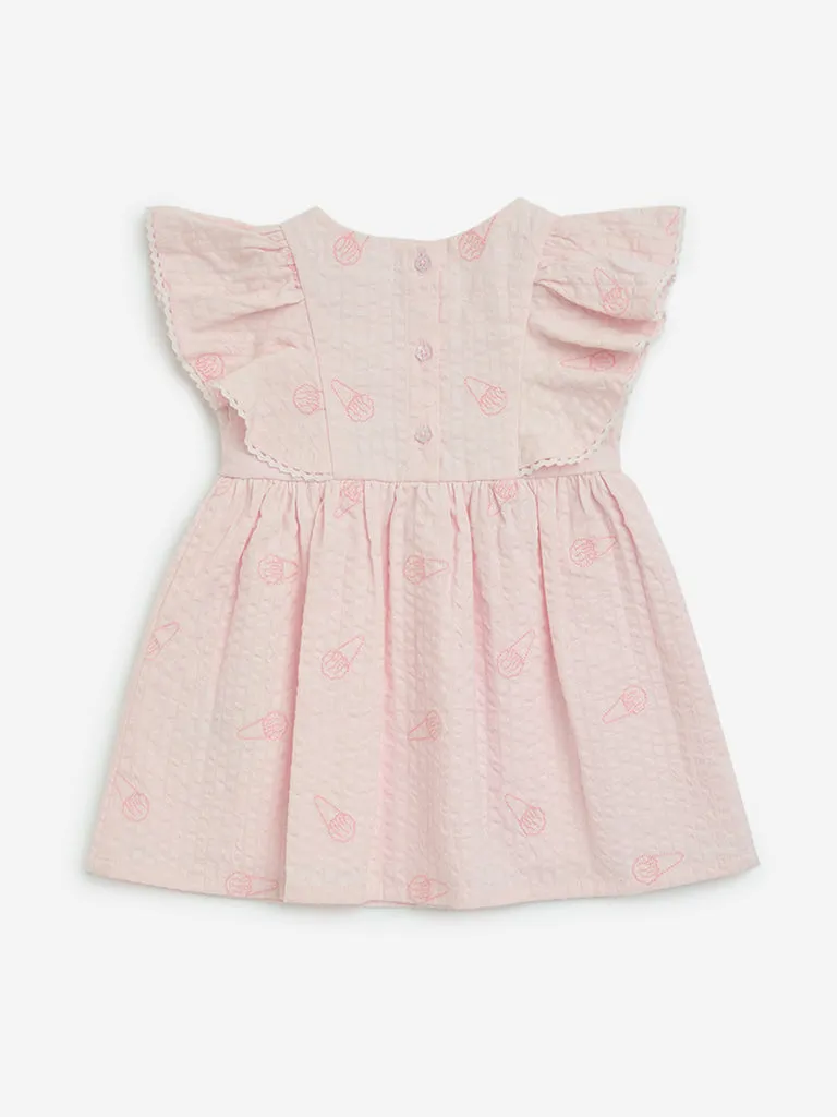HOP Baby Pink Seersucker Cotton A-Line Dress