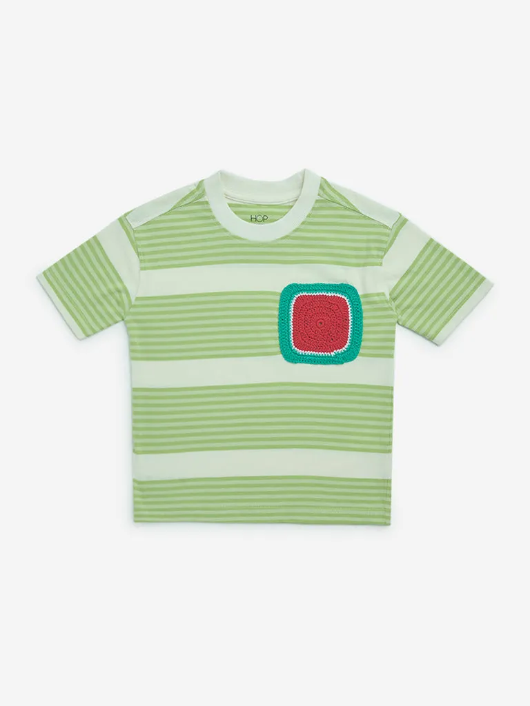 HOP Kids Lime Stripe Printed Cotton T-Shirt