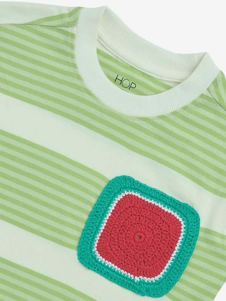 HOP Kids Lime Stripe Printed Cotton T-Shirt