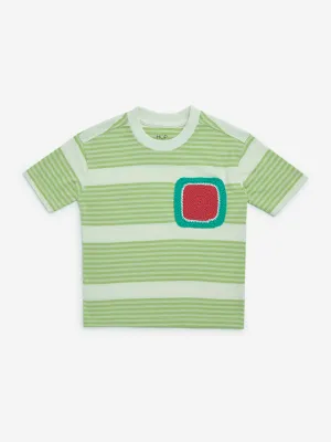 HOP Kids Lime Stripe Printed Cotton T-Shirt
