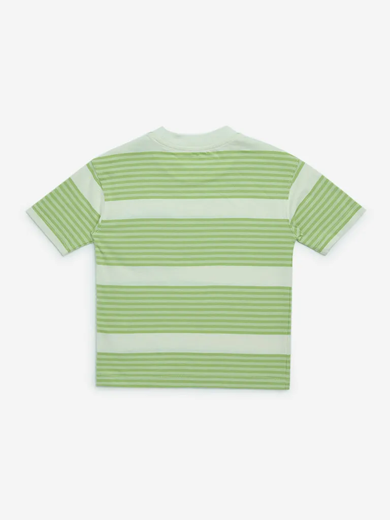 HOP Kids Lime Stripe Printed Cotton T-Shirt