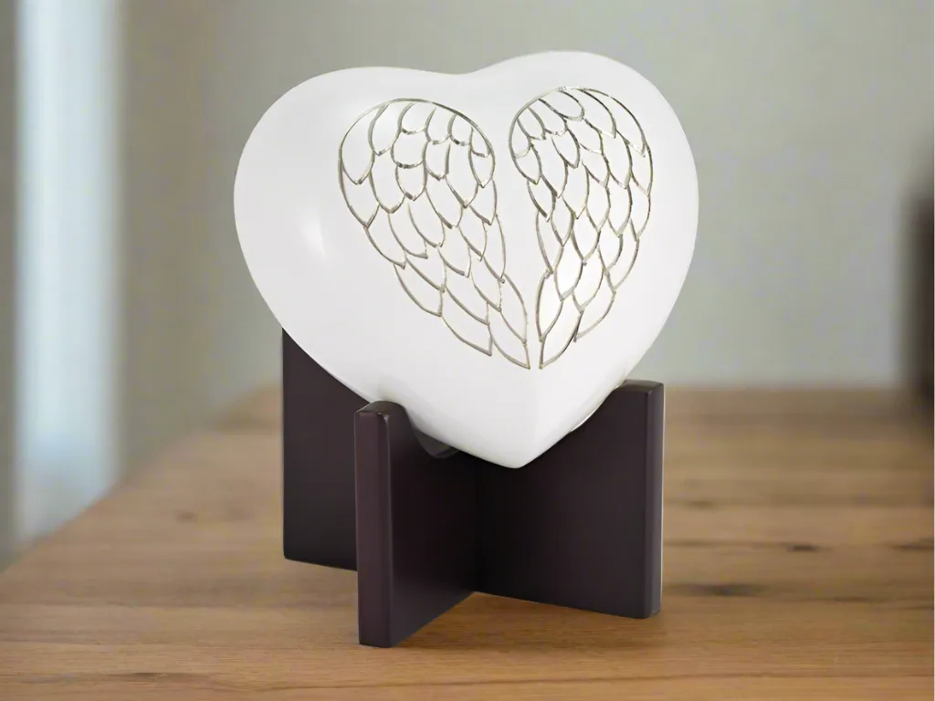 In Our Hearts Infant Cremation Urn Angel Wings In Pearl White