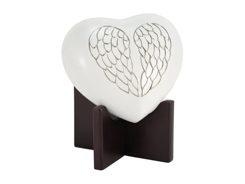 In Our Hearts Infant Cremation Urn Angel Wings In Pearl White