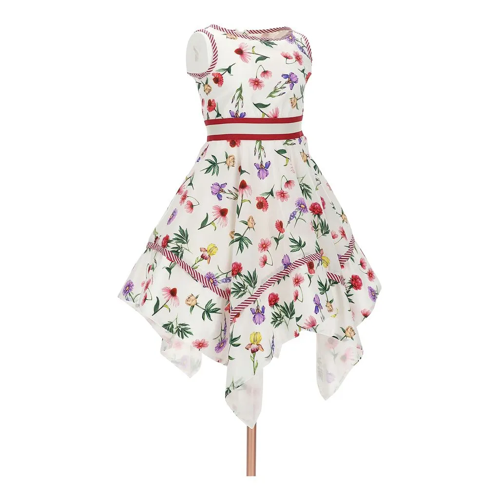 Ivory Floral Red Ribbon Dress