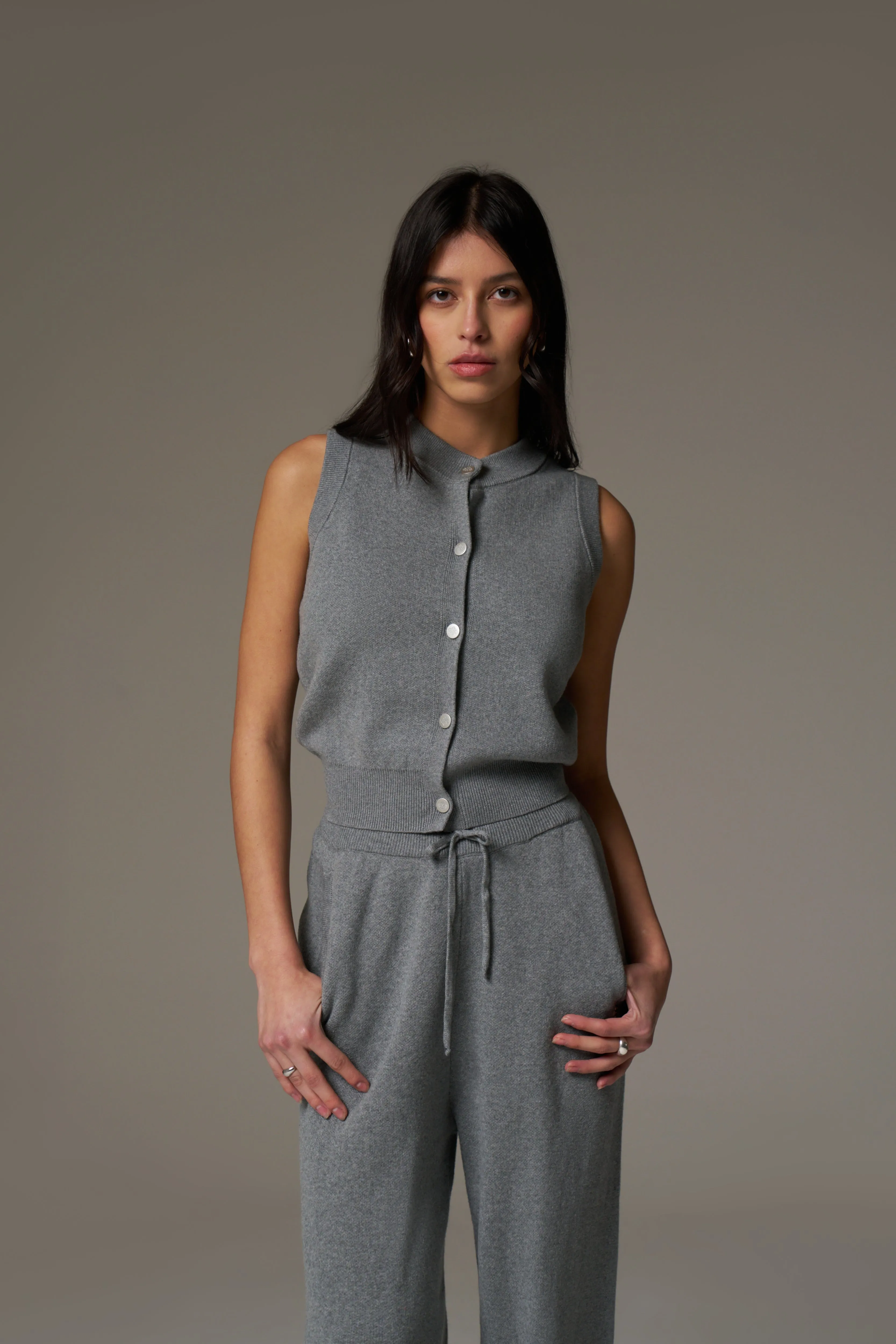 KNIT BUTTON THROUGH TOP - GREY MARL