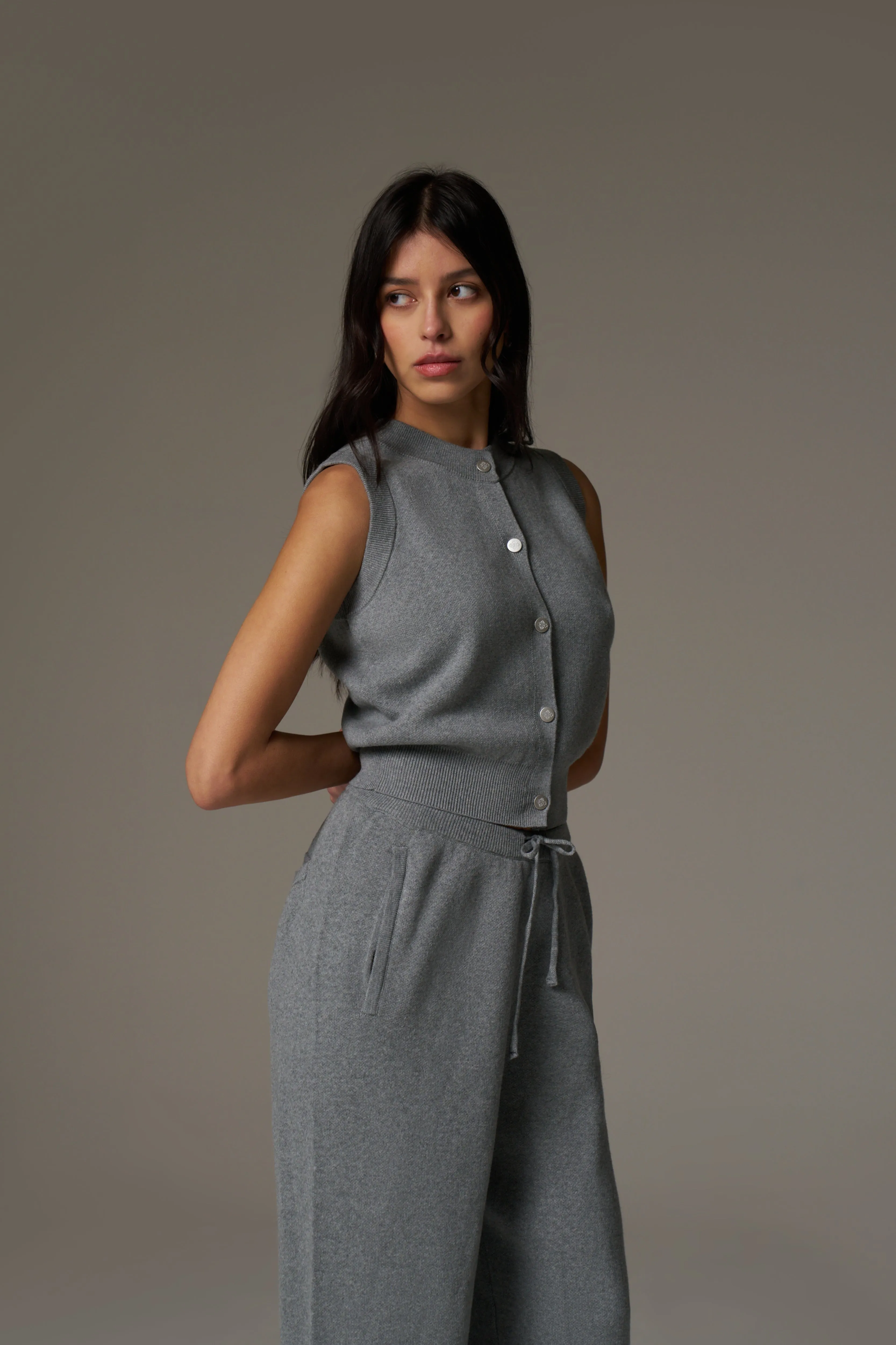 KNIT BUTTON THROUGH TOP - GREY MARL