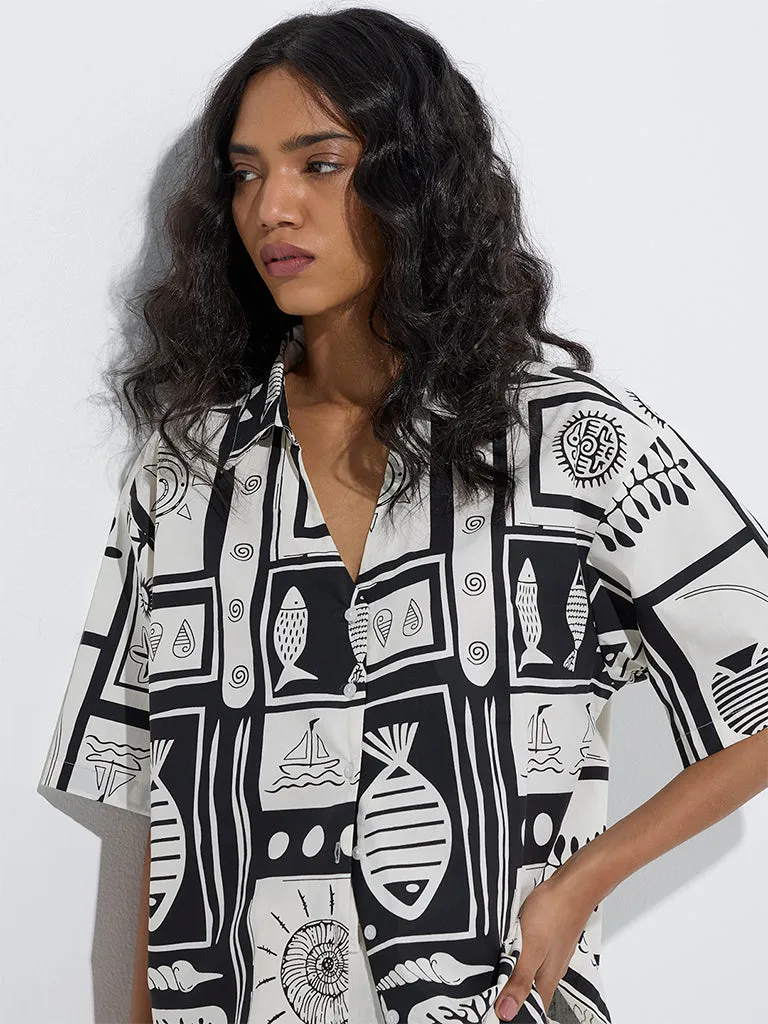 LOV Black Abstract Design Cotton Shirt