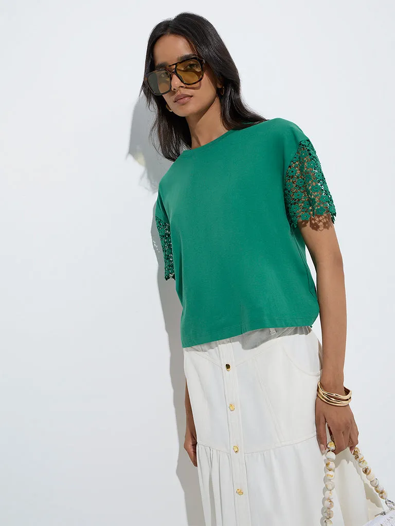LOV Green Floral Lace Cotton T-Shirt