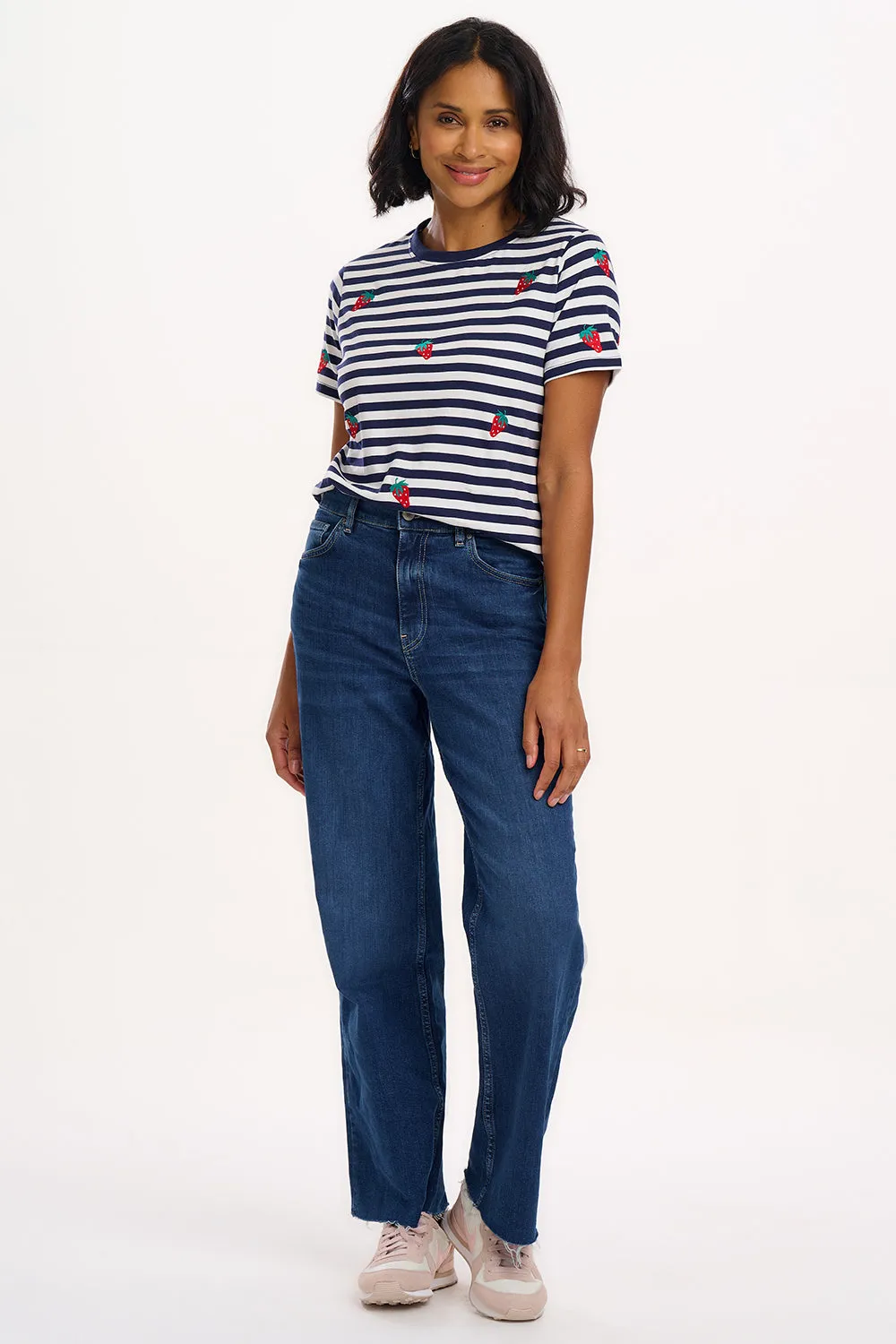 Maggie T-Shirt - Off-White/Navy. Strawberry Embroidery