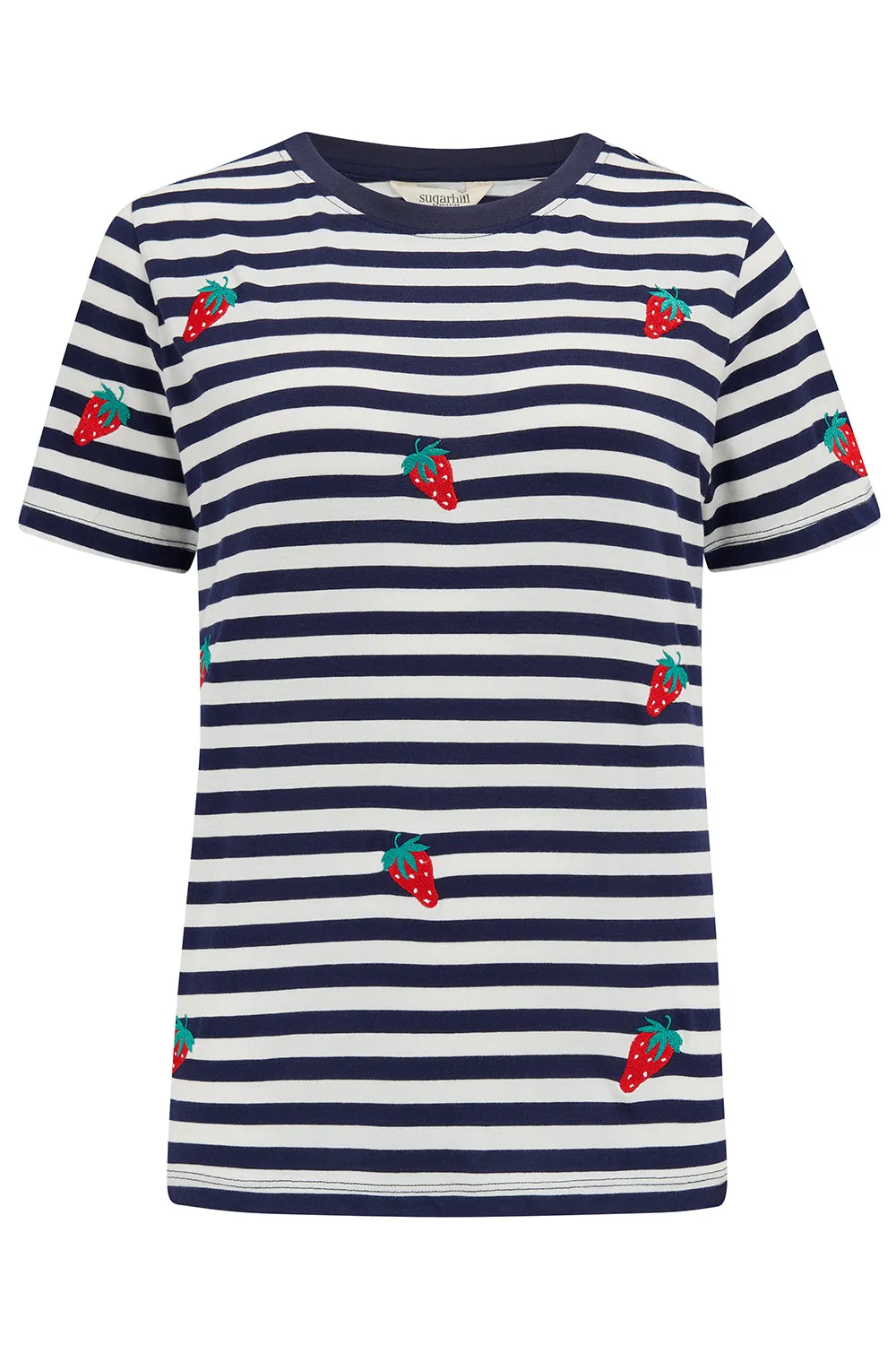 Maggie T-Shirt - Off-White/Navy. Strawberry Embroidery