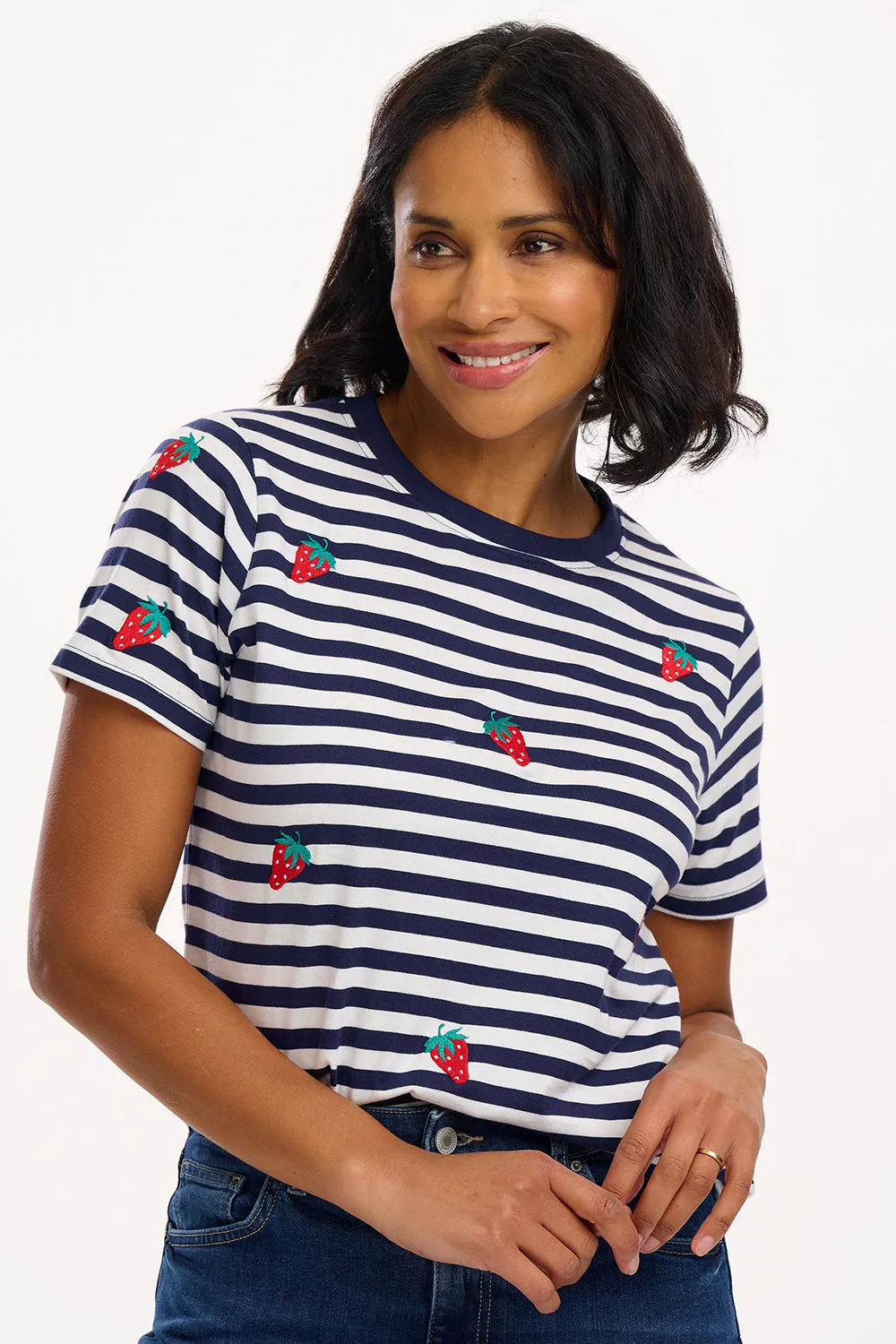 Maggie T-Shirt - Off-White/Navy. Strawberry Embroidery