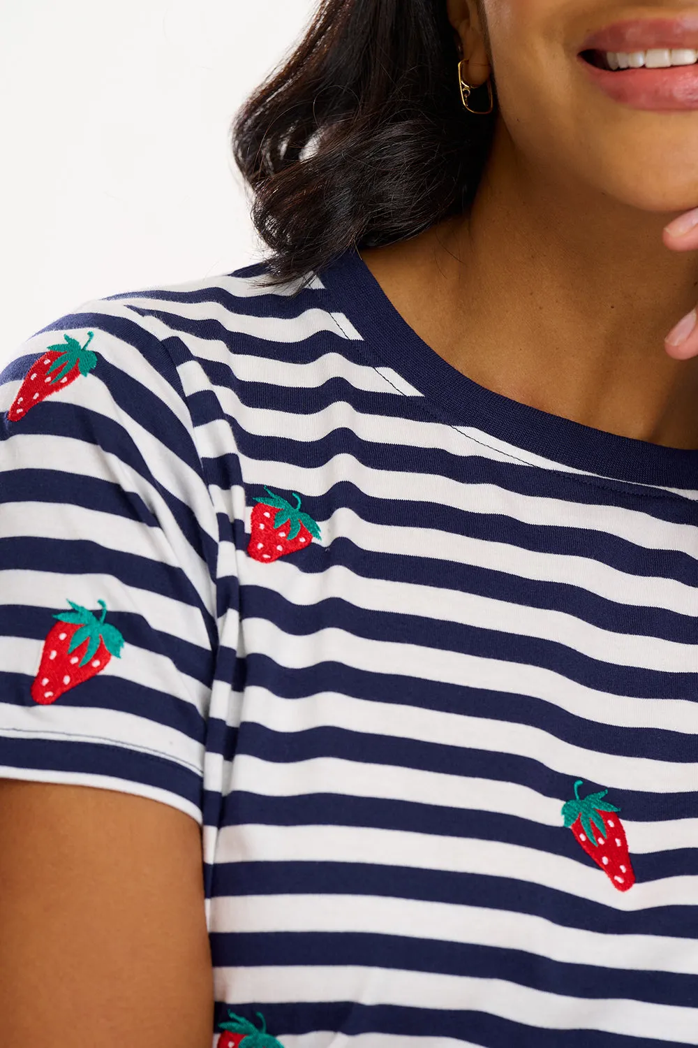 Maggie T-Shirt - Off-White/Navy. Strawberry Embroidery