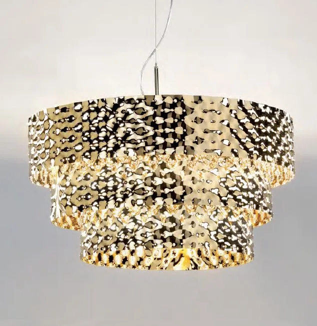 Modern Italian hammered metal pendant light in steel or  gold