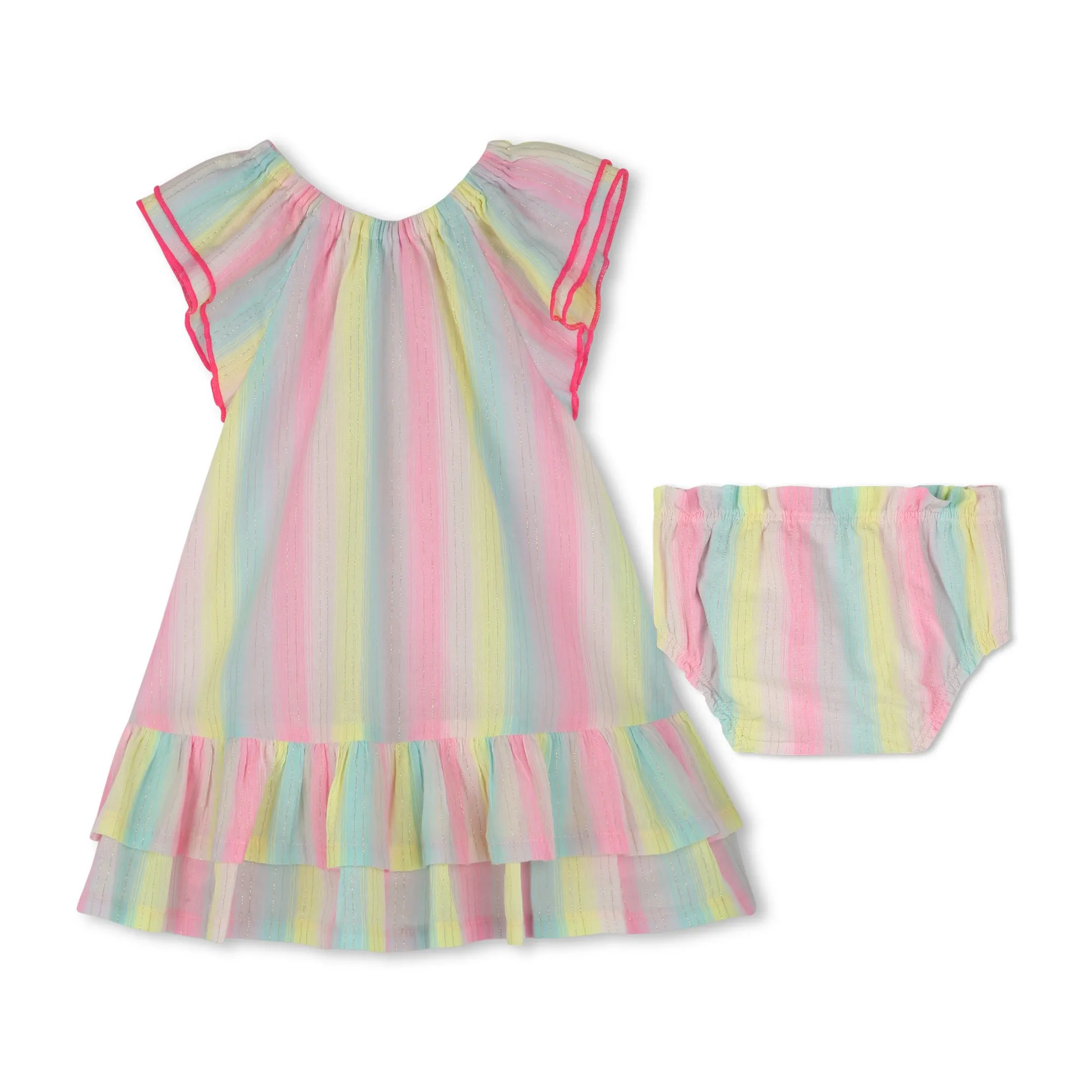 Multicolored Ruffle Sleeve Striped Dress Set