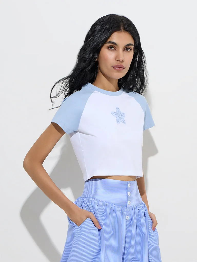 Nuon Blue Printed Cotton-Blend T-Shirt