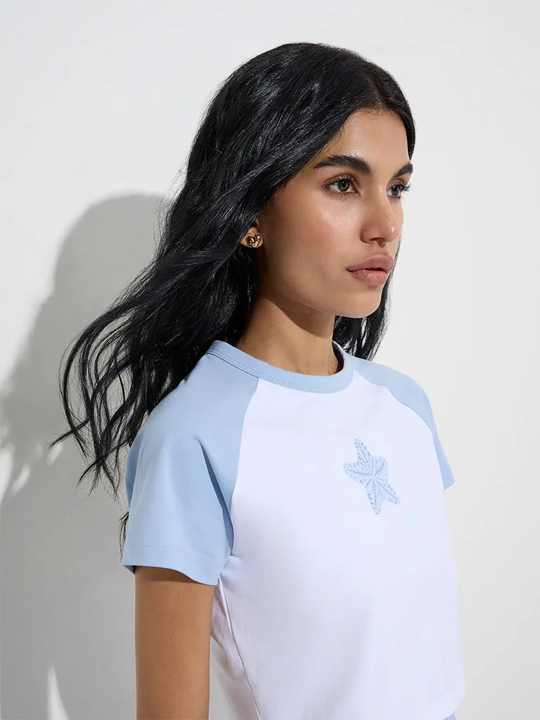 Nuon Blue Printed Cotton-Blend T-Shirt