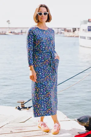 Pernella Midi Jersey Dress - Bright Navy. Mottled Leopard
