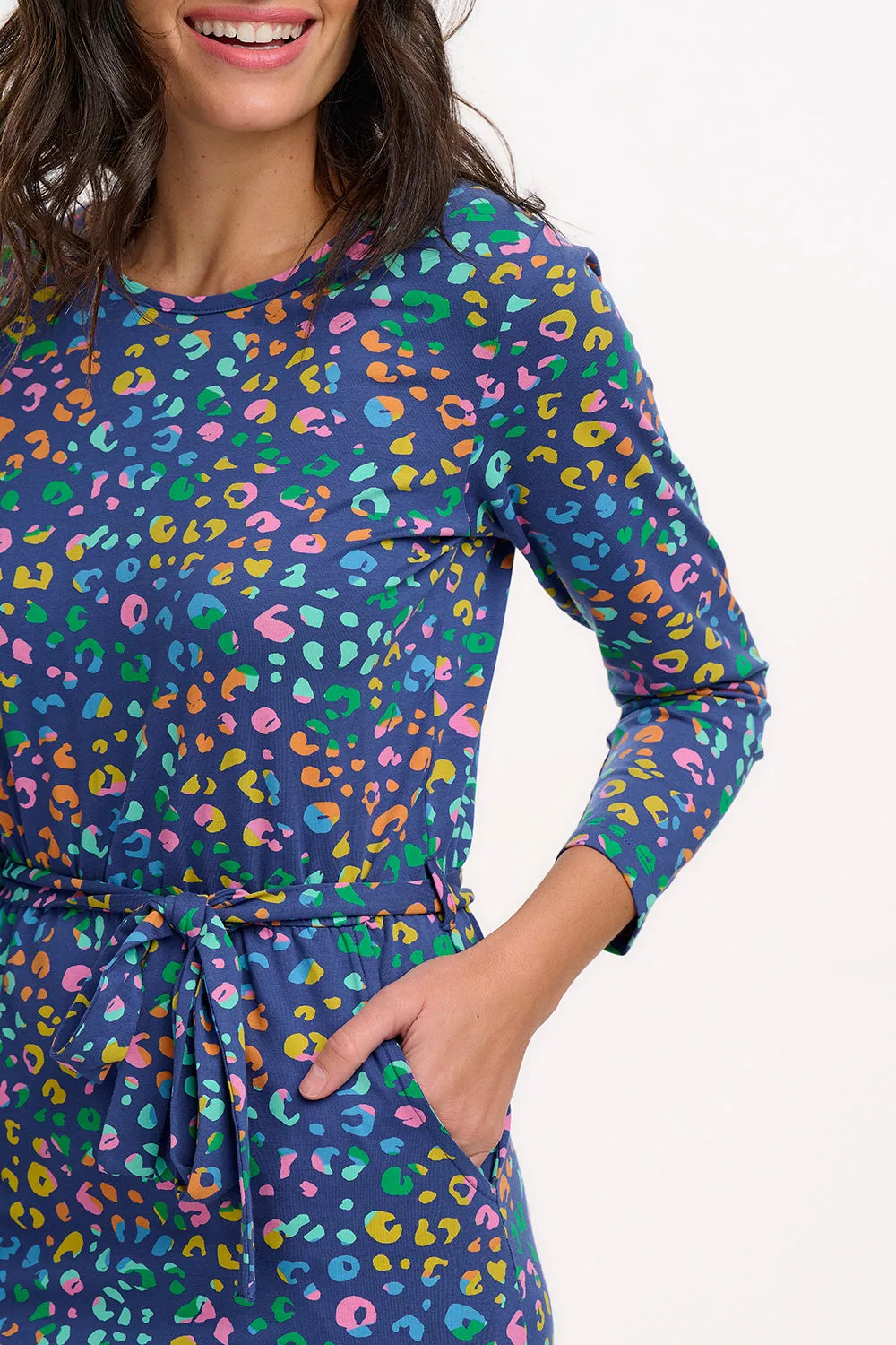 Pernella Midi Jersey Dress - Bright Navy. Mottled Leopard