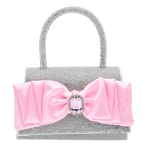 Pink Bow Accented Silver Rhinestone Handbag