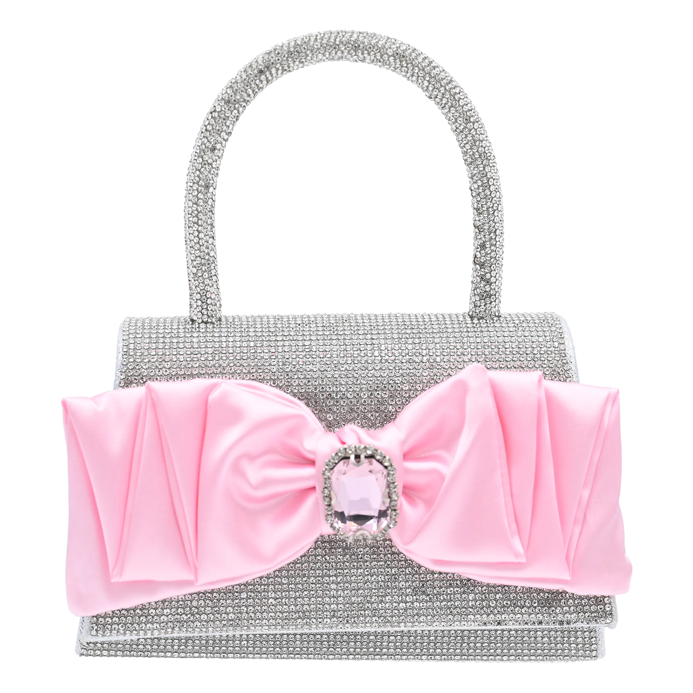 Pink Bow Accented Silver Rhinestone Handbag