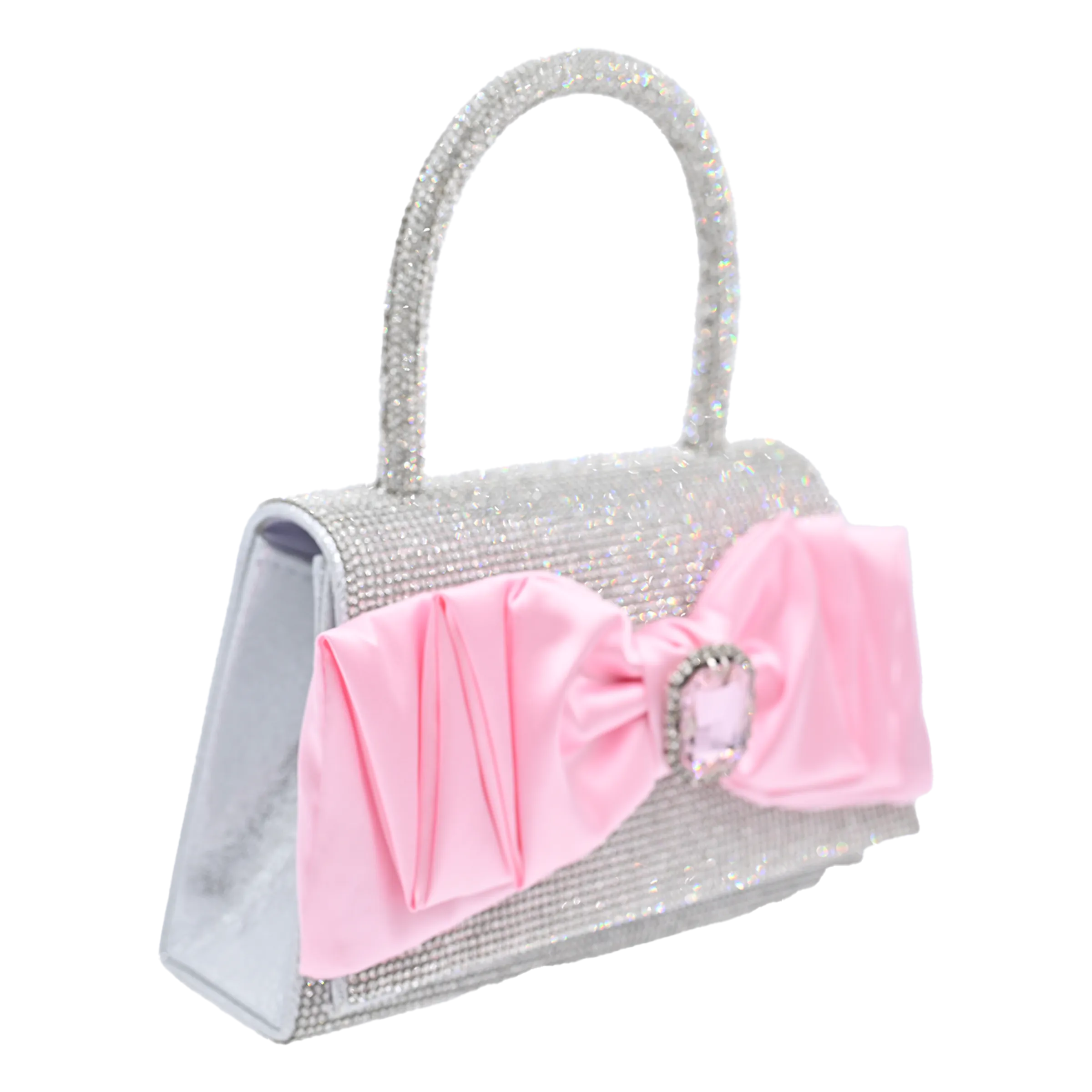 Pink Bow Accented Silver Rhinestone Handbag
