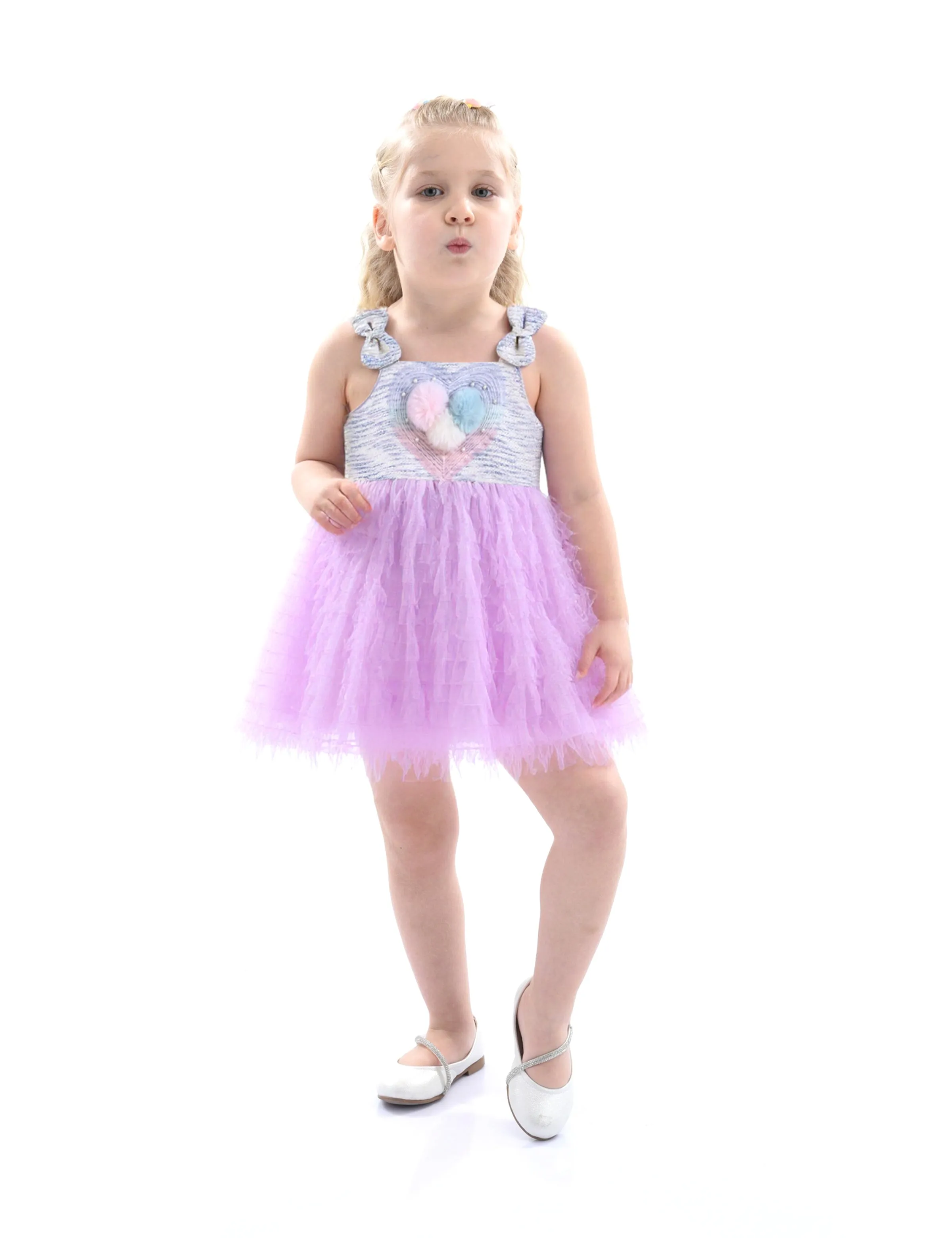Purple Tulle Silhouette Bow Pom Dress