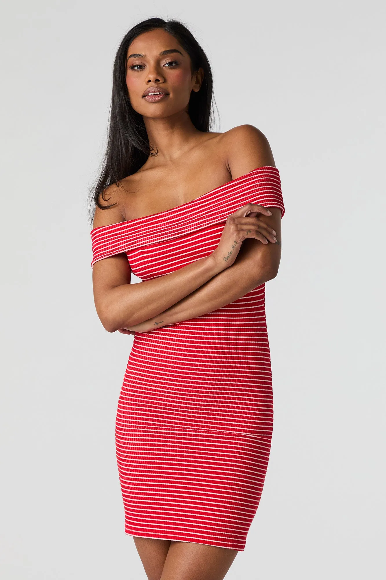 Ribbed Off Shoulder Bodycon Mini Dress