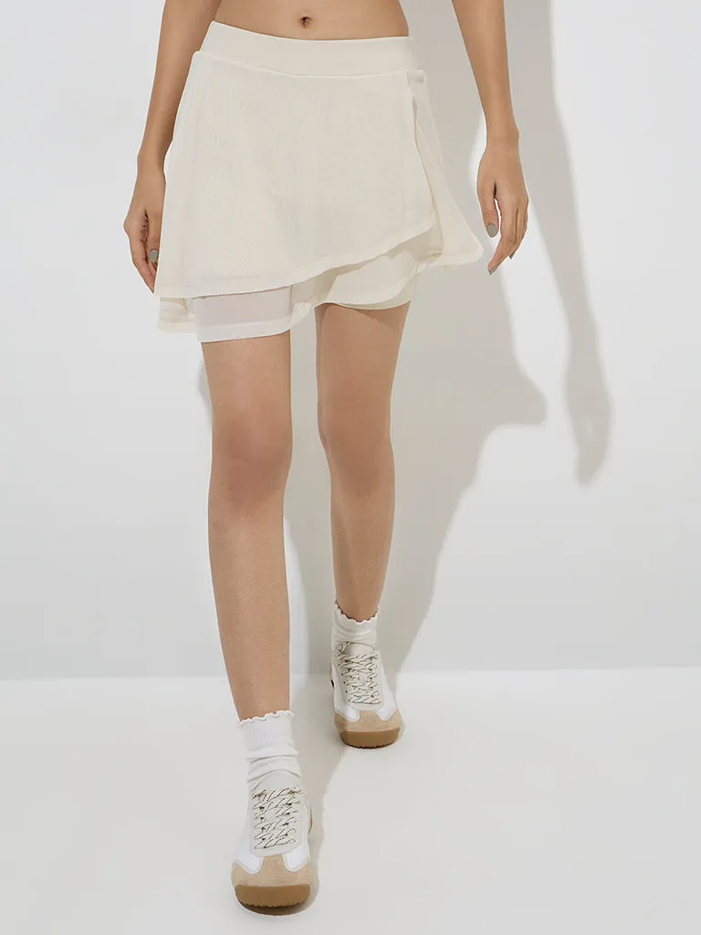 Studiofit Cream Mesh Detailed High-Rise Cotton-Blend Skirt