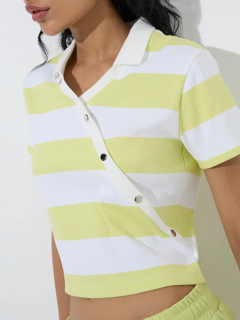 Studiofit Neon Green Striped Cotton-Blend Polo T-Shirt