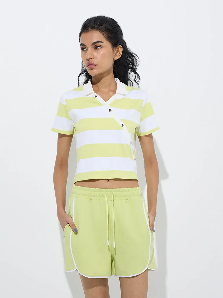 Studiofit Neon Green Striped Cotton-Blend Polo T-Shirt